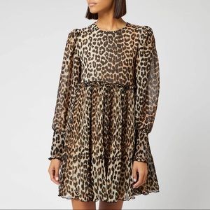 Ganni Georgette Pleated Leopard Mini Dress